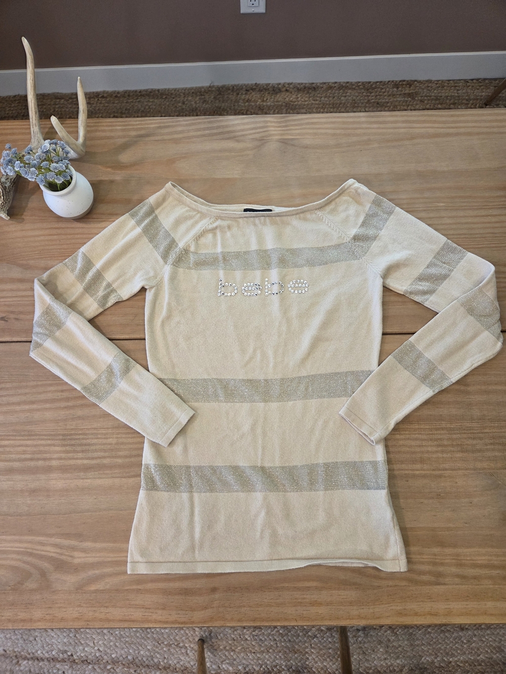 Y2K bebe Cream Striped Long-Sleeve Boatneck Top, Size Small, Rhinestone Logo